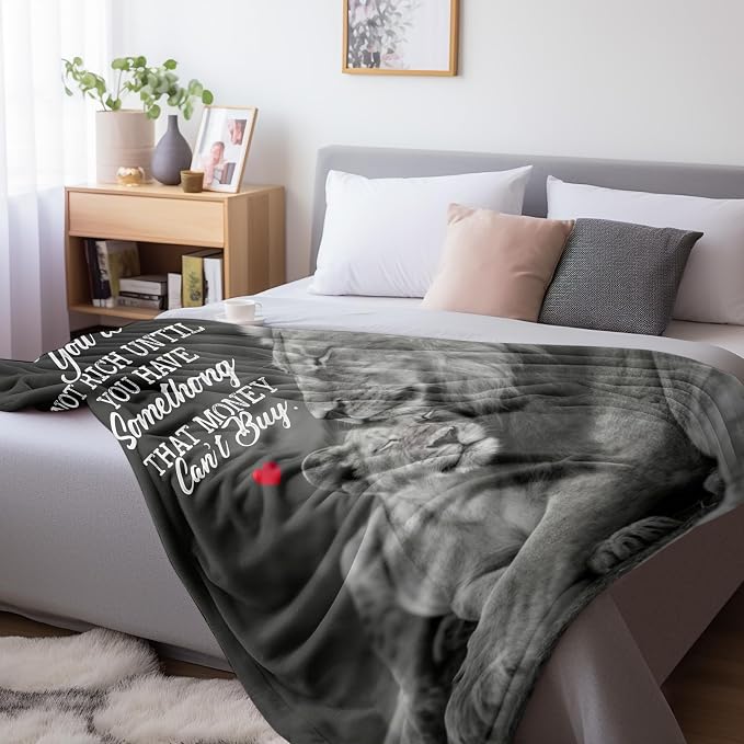 TURMTF Lion Dad Hugging Cub Blanket, Soft Fleece Throw with Inspirational Quote You're Not Rich Until You Have Something Money Can't Buy, Cozy Gift for Family on Valentine's Day Birthday 55"x70"