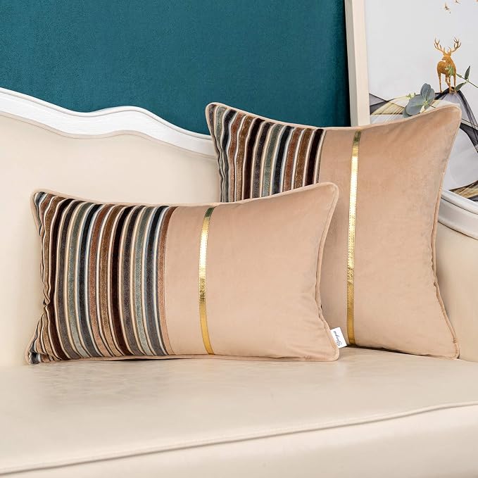 Yangest Brown Striped Patchwork Throw Pillow Cover Gold Leather Cushion Cover Zippered Rectangular Pillowcase for Sofa Couch Bedroom Living Room Home Decoration, 12x20 Inch