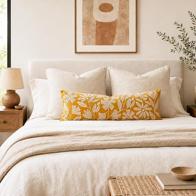 BlissBlush Long Lumbar Pillow Cover 14x36 for Bed, Mustard Floral Tufted Velvet Accent Oversize Throw Pillowcase for Bedroom, Cover Only