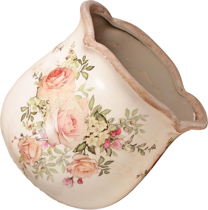 Ceramic Flower Vase, Rustic Farmhouse Vases & Planting Pots with Drainage | Decorative Utensil Vase, European Cottage Home Decor, Mantel Fireplace Bookshelf Wedding Centerpieces, Pink Rose Floral