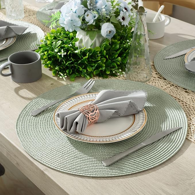 AHHFSMEI Round Placemats Set of 4 Heat Resistant Washable Non-Slip Woven Braided Table Mats for Dining Table Kitchen & Home Decor (Sage Green,4)