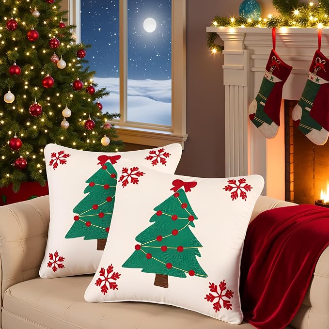 Christmas Throw Pillow Covers 18x18 Set of 2 Green Xmas Tree