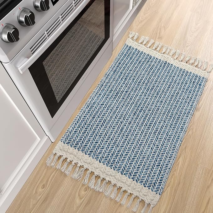 Lahome Boho Bathroom Rugs, Small 2x3 Front Door Mat for Kitchen, Washable | Indoor Entryway Area Rug Woven Cotton with Tassels, Farmhouse Non Shedding Blue Throw Low Pile Carpet for Bath Entry Laundry