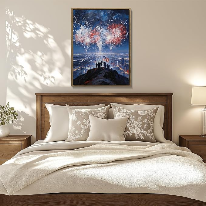 American Flag Framed Canvas Wall Art, 4th of July Patriotic Canvas Prints | Fireworks City View Poster Print, Modern Independence Day Wall Decor for Bedroom Living Room Office 6×8in