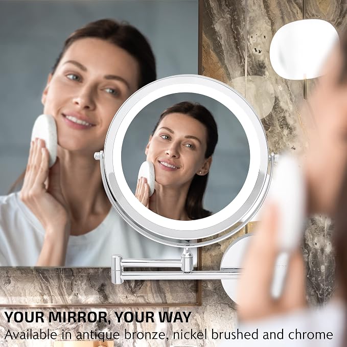 OVENTE 9" Wall Mounted Lighted Makeup Mirror, Polished Chrome MFW85CH1X10X | Cordless Double Sided 1X/10X Magnifying Mirror for Bathroom with LED Lights, 360° Rotation, Extendable Arm, Battery Operated