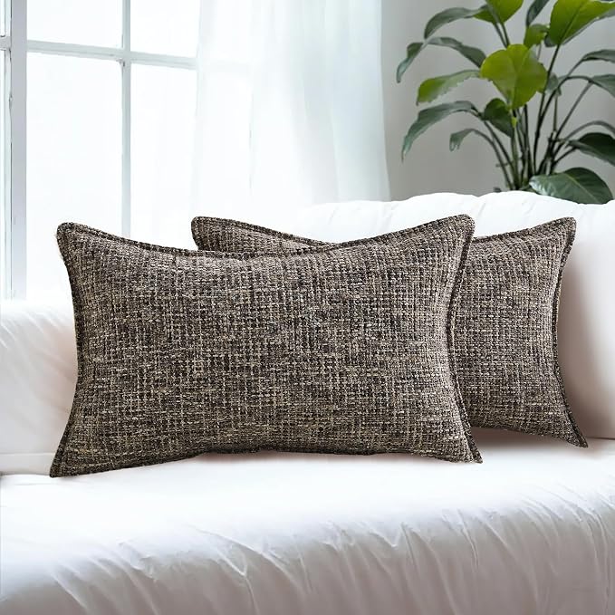 HAUSSY Pack of 2 Chenille Tweed Throw Pillow Covers 12x20 Inch, Coffee