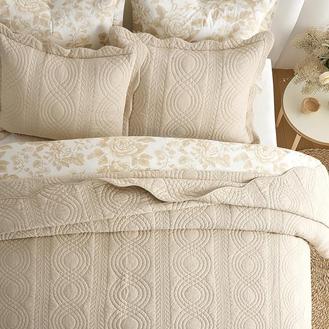 EverGrace 100% Cotton Scallop Quilt Set, Queen Size, Flax Beige | Scalloped Border, Timeless Chic Aesthetic, All-Season Comfort, Perfect French Country Bedroom Decor, 3 Piece Set with 2 Shams