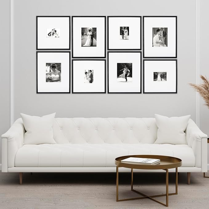 Arcadia Gallery Wall Frame Set, 16x20 and 16x16 Inch Matted Frames, 8x10 and 5x7 Inch Display, Black, 8 Piece