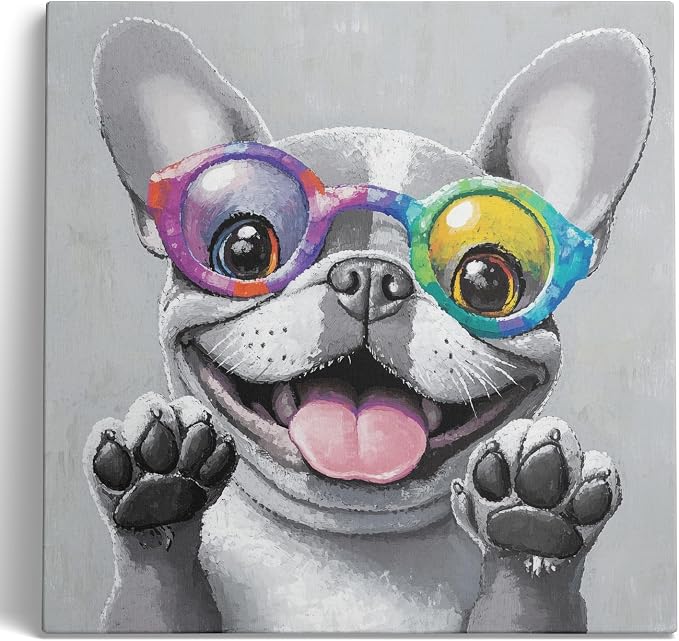 Ypxzzj Cute Dog with Glasses Canvas Wall Art,Funny Bulldog Decor Wall Art Pictures Painting Posters Artworks for Children's room Bedroom Living room Decor Framed Ready to Hang