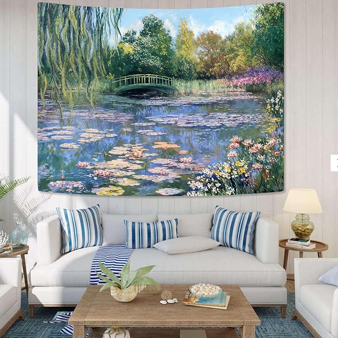 Accnicc Monet Water Lilies Tapestry Green Floral Plant Tapestries Aesthetic Monet Wall Art Posters Nature Flower Garden Landscape Tapestrys for Bedroom Living Room Dorm 80 x 60 Inch
