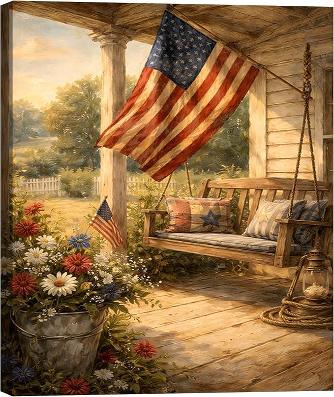 RIBNTAK Americana Canvas Wall Art, Vintage USA Flag Porch Swing Pictures Rustic Patriotic Artwork for Farmhouse Decor, Cozy Independence Day Decorations for Living Room Entryway Bedroom