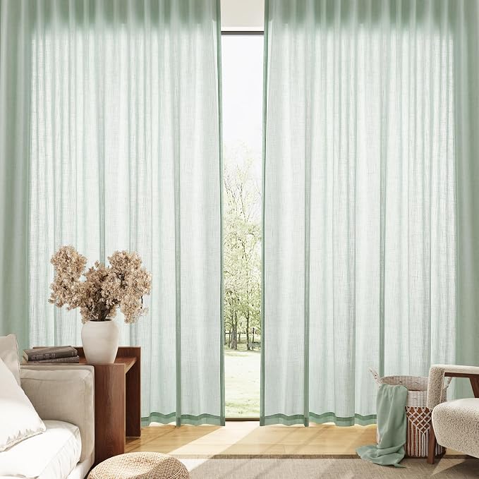 Extra Long Linen Curtains 120 Inches for Living Room Back Tab Semi Sheer High Floor to Ceiling 10ft Light Filtering Curtain Boho Farmhouse Decor Window Drapes for Bedroom 2 Panels Aqua Green