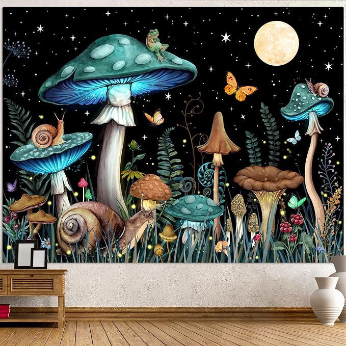 Zussun Teal Mushroom Tapestry Moon Star Tapestries for Bedroom Aesthetic Starry Night Green Plant Tapastrys Wall Hanging Butterfly Snail Frog Wall Tapestry for Living Room Dorm (Green, 48" x 36")