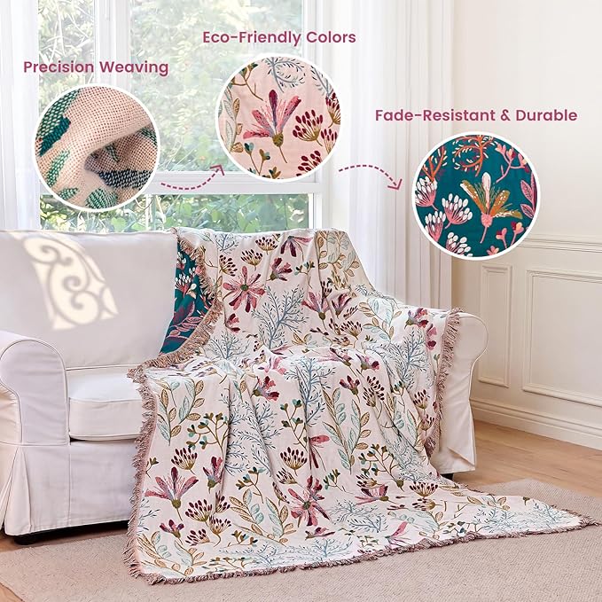 MSGKV Boho Throw Blanket 50"x60" 100% Cotton Floral Throw for Couch Sofa | 100% Cotton Throw, Floral Pattern, Reversible Woven, Breathable Lightweight, Farmhouse Home Decor, Machine Washable