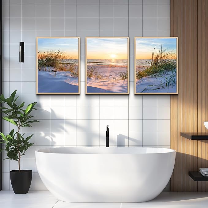 Natural Wood Framed Wall Art for Living Room and Bedroom - Large Size Sun Blue Beach Pictures - Office and Home Decor - Ocean Paintings Set of 3 Piece Framed Art Prints