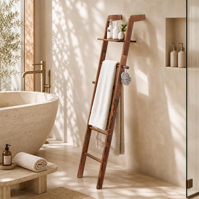 Blanket Ladders for the Living Room, 6 Tier Quilt Ladder with Shelf | Ladder Shelf Rack, Pine Wood, 2 Side Hooks, Non-Slip Stable, Polished Smooth, Retro Brown, Farmhouse Style, Easy to Assemble