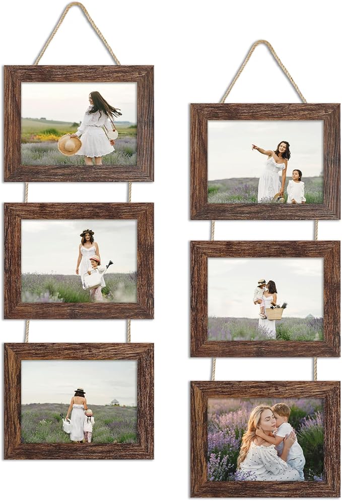 5x7 Collage Picture Frames Set of 2, Rustic Wooden Real Glass Horizontal Hanging 3 Opening 5 by 7 Photo Frame, Brown