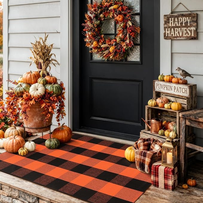 LEEVAN Halloween Buffalo Plaid Outdoor Rug, Fall Decor Front Porch Rug | 2'4" x 3'7" Black and Orange Washable Thanksgiving Layered Door Mat, Cotton Woven Fall Entryway Rugs for Kitchen Patio