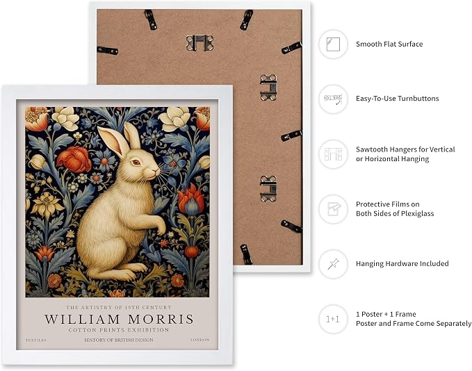 Poster Master William Morris Poster - White Rabbit Print - Flower Art - Animal Illustration - Floral Illustration - Bunny Illustration - Great Office or Bedroom Decor - 8x10 White Framed