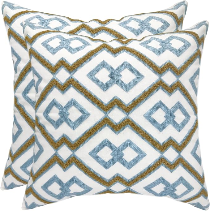 Alysheer Boho Embroidered Throw Pillow Cover 18"x18" Set of 2, Blue Khaki