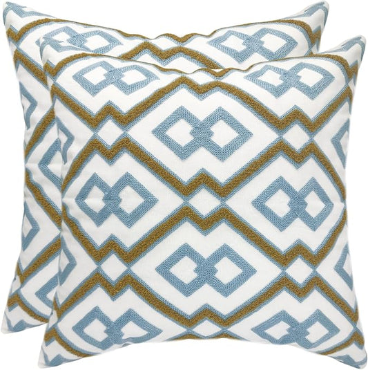 Alysheer Boho Embroidered Throw Pillow Cover 18"x18" Set of 2, Blue Khaki