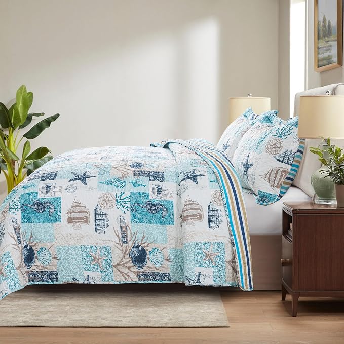 NEWLAKE Quilt Bedspread Sets - West Coastal Pattern Reversible Coverlet Set, Queen Size