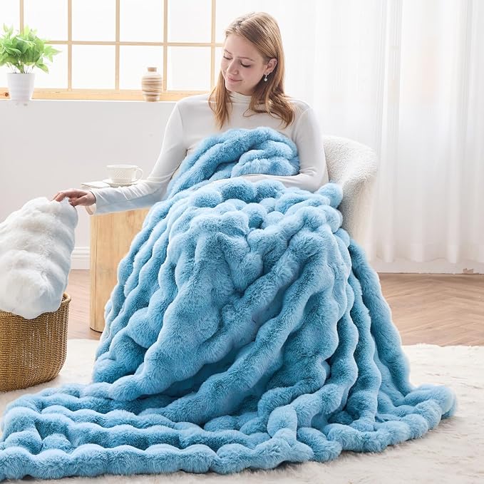 NEWCOSPLAY Faux Fur Thick Bubble Twin Blanket for Couch, Blue, 60"x80" | Luxury Fluffy Thick Warm Bubble Blanket for Couch Sofa Bed 1000GSM, Soft Plush Cozy Decorative Throw, Gift for Women Men