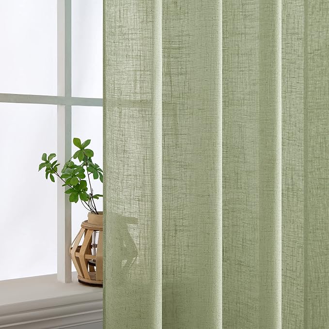 MIULEE Sage Green Linen Curtains 52x72 Inch Length for Bedroom Living Room | Soft Thick Linen Textured Window Drapes,Semi Sheer Light Filtering,Back Tab Rod Pocket,Burlap Look,Farmhouse Decor,2 Panels