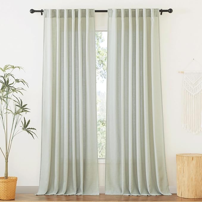 RYB HOME Sheer Curtains 102 inches, Extra Long Floor to Ceiling Curtains | Half Privacy, Light Filtering, Semi Sheer, Faux Linen Fabric, Living Room Bedroom, Back Tab, W52 x L102, 2 Panels, Sage Green