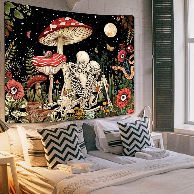 Accnicc Mushroom Skull Tapestry Skeleton Floral Flower Plant Tapestries for Bedroom Aesthetic Hippie Cool Nature Moon Star Wall Art for Dorm Living Room (Red, 90.8'' × 70.4'')
