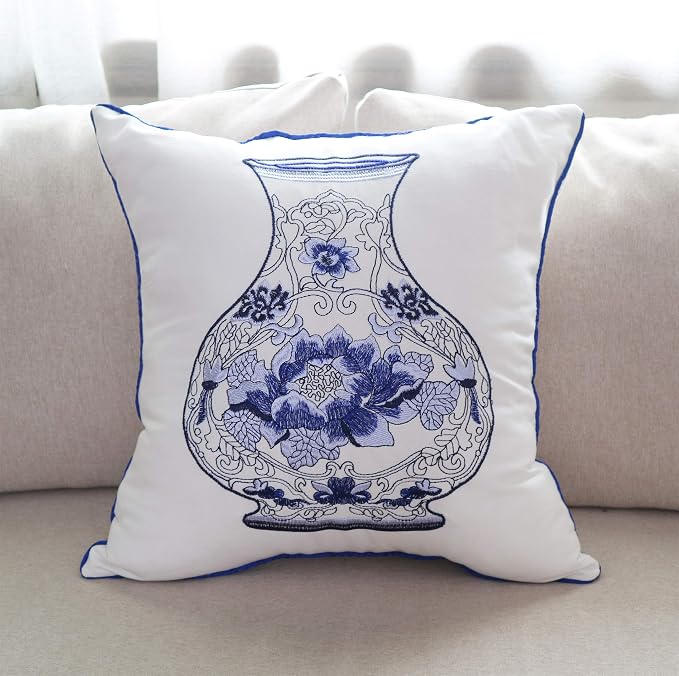 Embroidery Throw Pillow Covers 18x18 Home Décor Floor Pillows Cover for Couch 100% Cotton Cushion Cover 45x45cm Decorative Pillowcase, Chinese Blue and White Porcelain Bottles, 4 Pieces