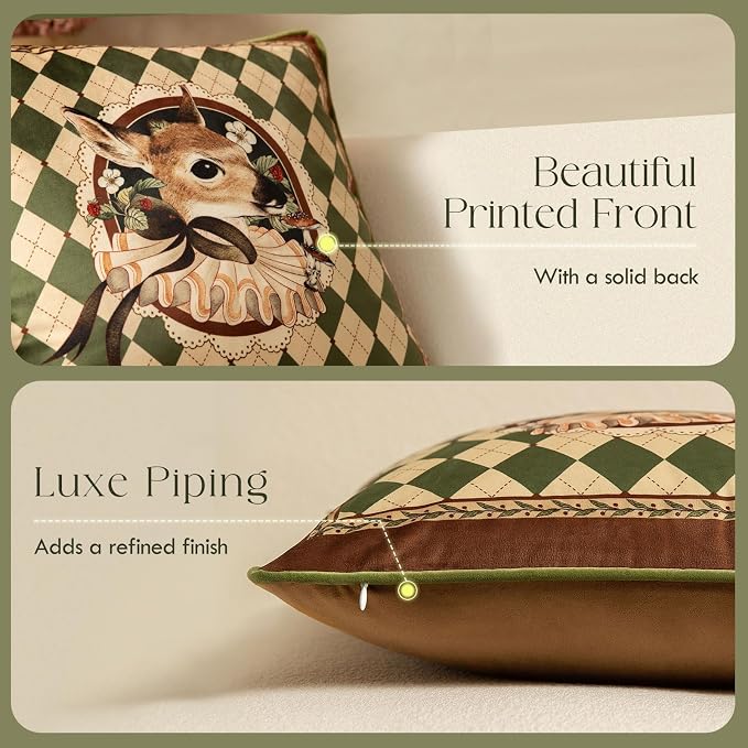 Vintage Christmas Pillow Cover 18x18, Checkered Deer | Designer High End Deer Pillow Cover, Green Velvet Throw Pillow Decorative for Couch Sofa Bedroom Home Holiday