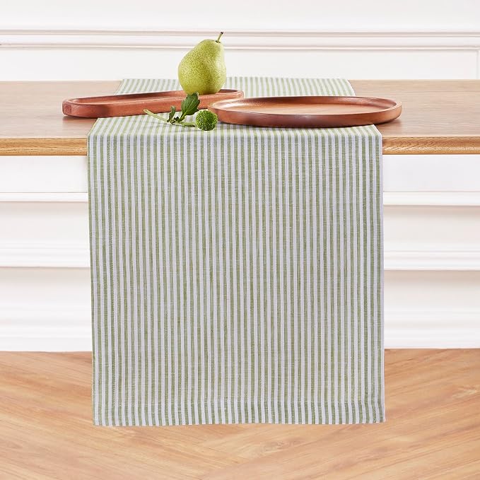 Solino Home 100% Linen Table Runner, 14 x 72 in, Avocado and White Striped | Narrow Stripe, brings a tailored look to family meals and hosting, woven stripe, European flax fibres, OEKO-TEX Certified