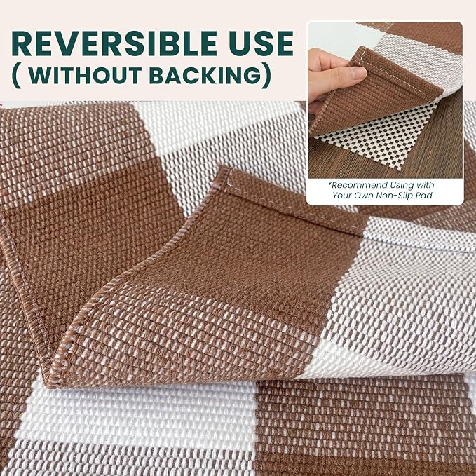 KOZYFLY Buffalo Plaid Area Rugs 2.3x3.6 Ft Front Door Mat, Brown and White | Washable Front Door Rug, Woven Cotton Outdoor Rug, Indoor Small Rug for Front Porch Kitchen Entryway, Checkered Welcome Mat