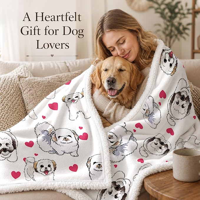 BlessLiving Throw Blanket, White Dog Animal Snowball, 50x60 Inches | sherpa fleece fabric, Shih Tzu Dense Pet Blankets Puppy print, for couch or sofa, pet lovers, easy machine care