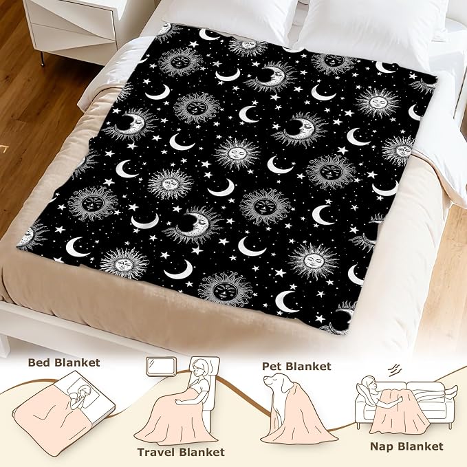 Celestial Blanket Witchy Star Sun and Moon Blankets Soft Flannel 50X60 Inch | Gothic Crescent Moon Throw Gifts for Girls Boys Women Men Whimsy Goth Decor Mystical Astrology Witchy Room Decor Sofa Bed