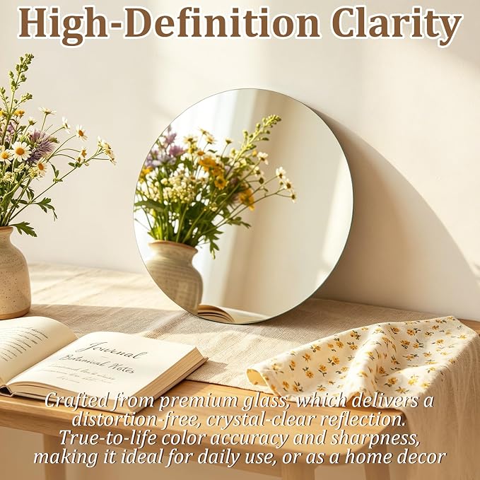 10 inch Frameless Glass Round Mirror for Wall Decor, 2mm Thin Thick | High Clear No Distortion Glass Circle Mirror for Bathroom, Home Decor, Round Mirror Tray Plate Panel for Table Centerpiece