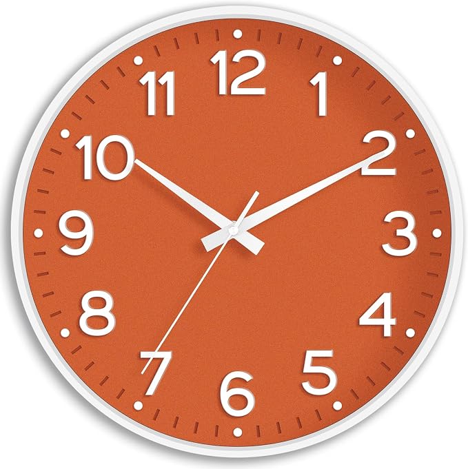Roymnie 8 Inch Wall Clock, Battery Operated Silent Non Ticking Analog | Orange modern analog; large 3D easy-read dial for kitchen, office, bathroom & bedroom; 1 AA battery (not included)
