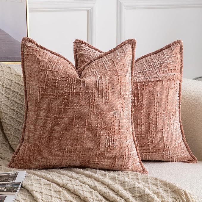 MADIZZ Pack of 2 Chenille Throw Pillow Covers 24x24 Inch Pink Soft Neutral Decorative Throw Pillows for Couch Sofa Boho Accent Cushion Covers Modern Farmhouse Home Decor for Bedroom Living Room