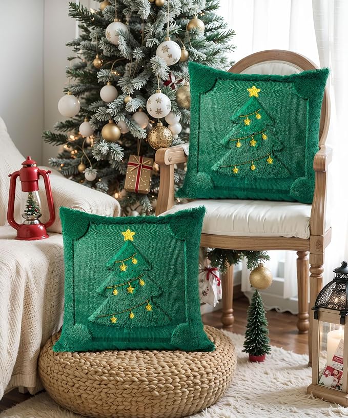 Christmas Pillow Covers Set of 2 Soft Plush Faux Fur Pillow Cases 3D Embroidered Decorative Couch Cover Home Decor Christmas Throw Pillow Covers 18x18,Green Christmas Tree