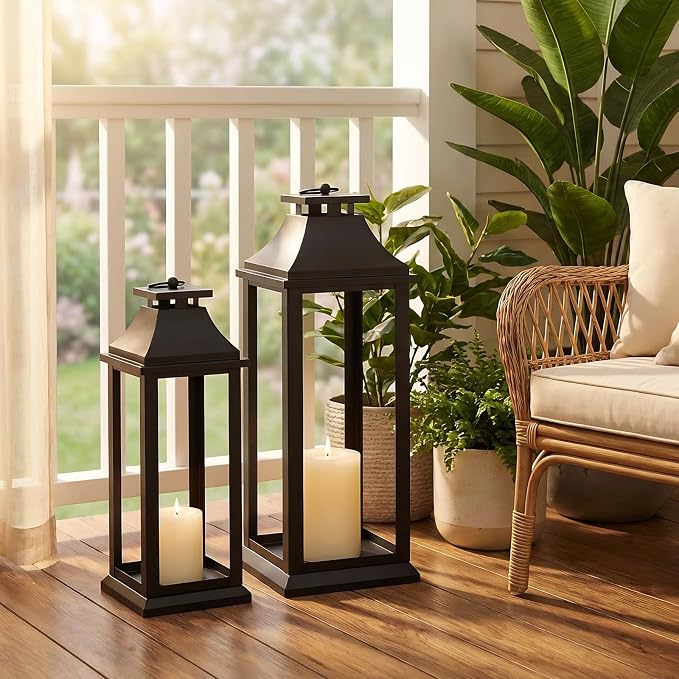 Modern Farmhouse Black Lantern Candle Holder – 22” Hanging Decorative Lantern for Indoor & Outdoor Home Décor – Ideal for Parties, Weddings, Porches, and Events (No Glass Panel), Size Large