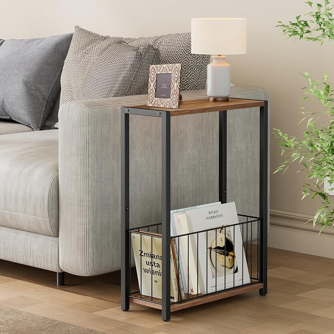 Homleke Narrow Side Table with Magazine Holder, Skinny End Table | Space-Saving Design, Small Spaces, Storage Shelf, Metal Frame, Easy Assembly, 7.1" D x 16.9" W x 23.6" H, Rustic Walnut