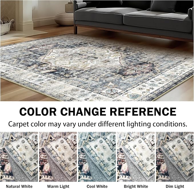 AooHHooA 5x7 Area Rugs Light Blue Boho Living Room Rug, Low Pile Non-Slip Washable Rugs for Living Room 5x7 Vintage Blue Rugs for Bedroom