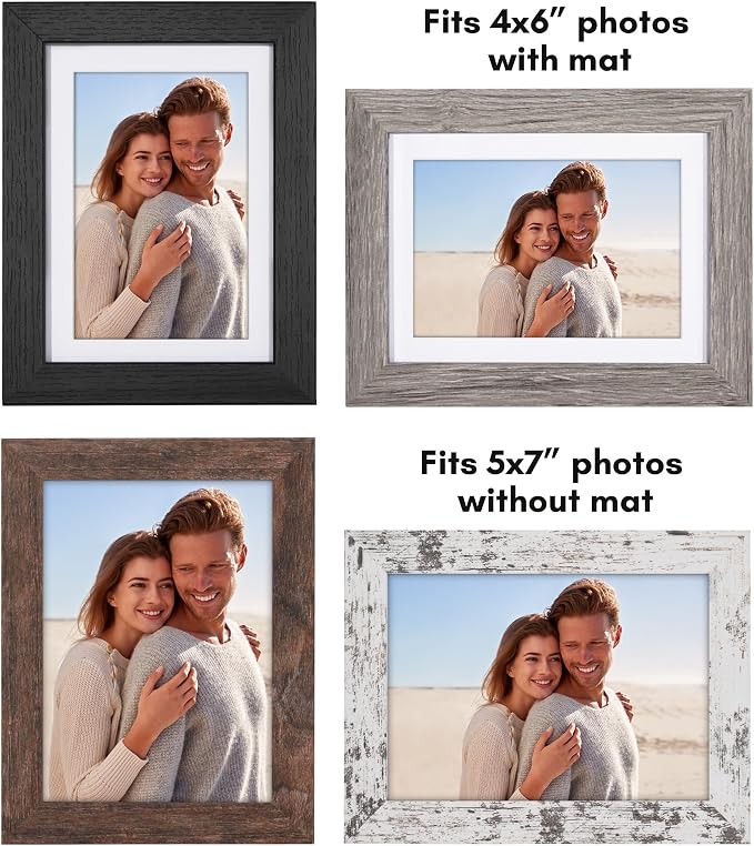 Americanflat Rustic 5x7 Picture Frame Set of 4 - Use as 4x6 Picture Frame with Mat or 5x7 Frame Without Mat - Photo Frame with Textured Engineered Wood, Shatter Resistant Glass, and Easel