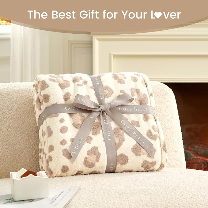 Cozy Bliss Leopard Print Fuzzy Throw Blanket for Bed & Couch, Thick Soft Warm Fleece Blankets for Room Decor, for Kids, Women Men Girls, Khaki Brown Cheetah 60"*80"