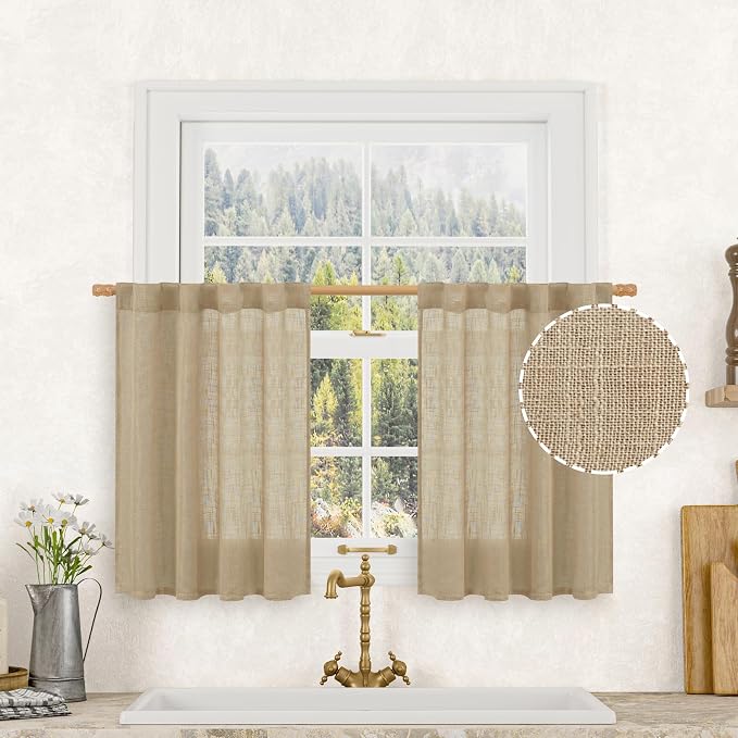 Brown Linen Window Curtains 30 Inches Long 2 Panels 34 x 30 Inch | Semi Sheer, Light Filtering Panels, Privacy, Rod Pocket Back Tab, Neutral Drapes for Basement, Small Windows, Kitchen, Cafe