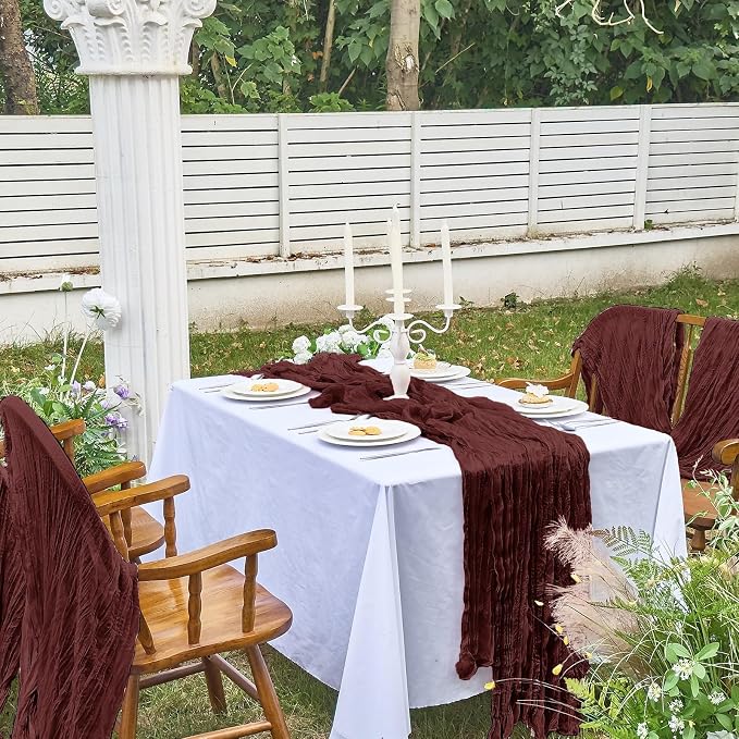 IVAPUPU Burgundy Red Table Runner 120 Inches for Birthday Party Home Decor | 2 Pcs Boho Gauze 10FT Cheesecloth Table Runners for Wedding Baby Shower Decorations Summer Garden Farmhouse
