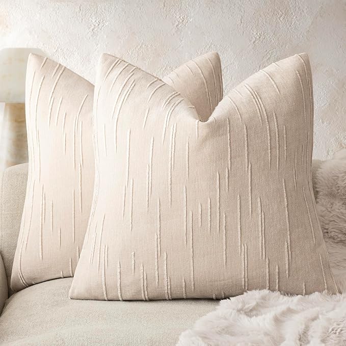 Foindtower Pack of 2 Slubby Textured Chenille Throw Decorative Pillow Covers Square Accent Solid Cushion Cover Neutral Farmhouse Pillow Case for Couch Sofa Bedroom Living Room 20x20 Inch,Ivory
