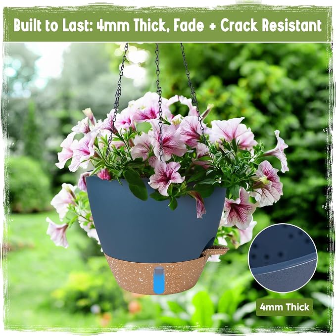 Self-Watering Hanging Planters with Water Level Window, 8/10 Inch Indoor Outdoor Hanging Plant Pots Includes Chain Hangers with Drainage Holes & Detachable Reservoir (Blue, 8+10 inch)