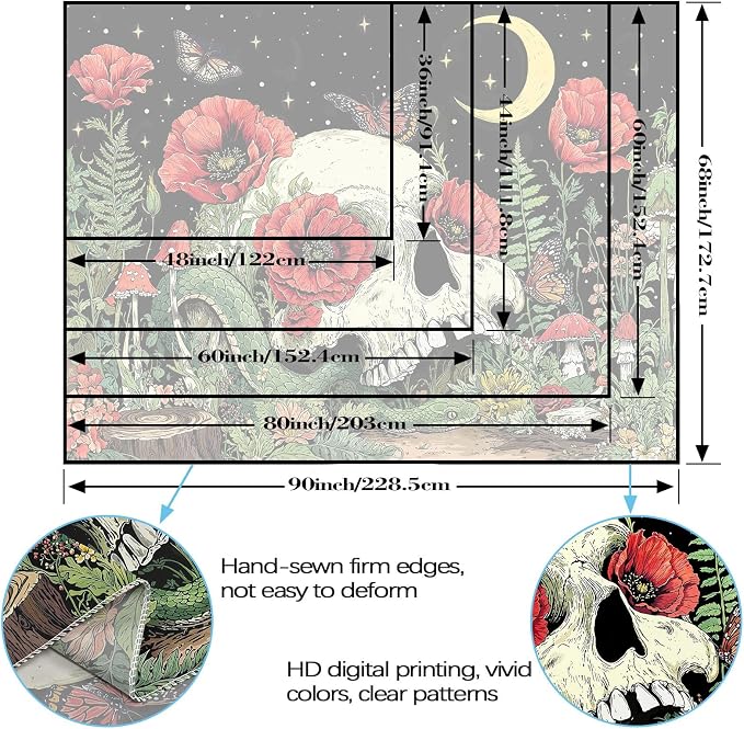 Accnicc Floral Skull Tapestry Vintage Flower Gothic Skeleton Tapestries Wall Hanging Mushroom Butterfly Plant Snake Horror Large Tapestry for Bedroom Living Room Dorm 80 x 60 inch